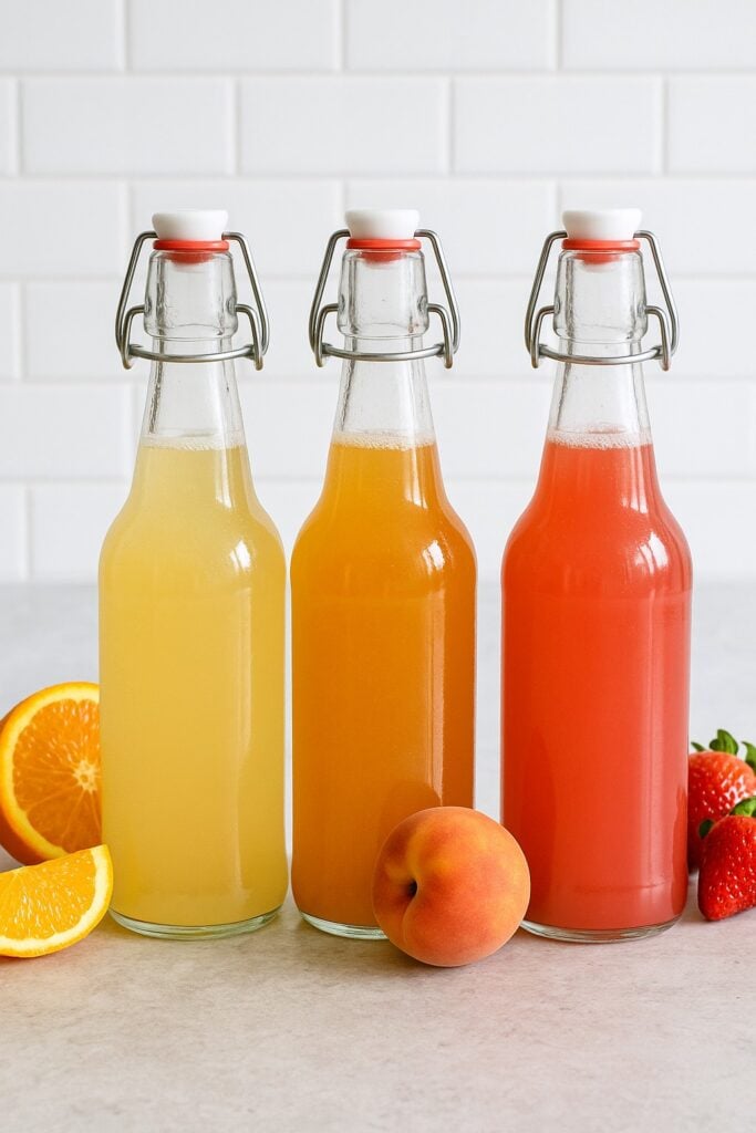 3 swing top bottles of homemade fermented probiotic soda one yellow one orange one red
