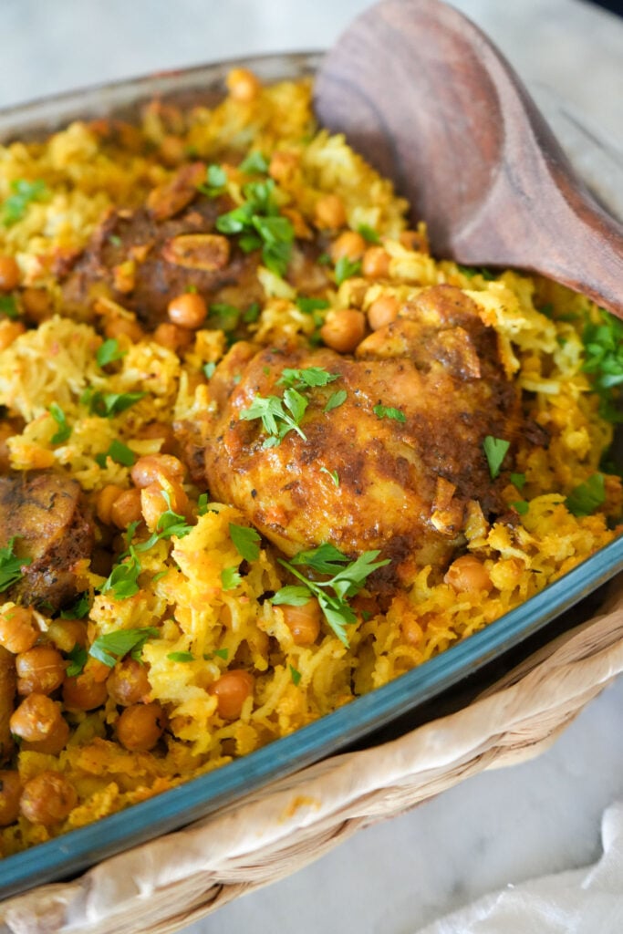 oven baked chicken and rice in a baking dish