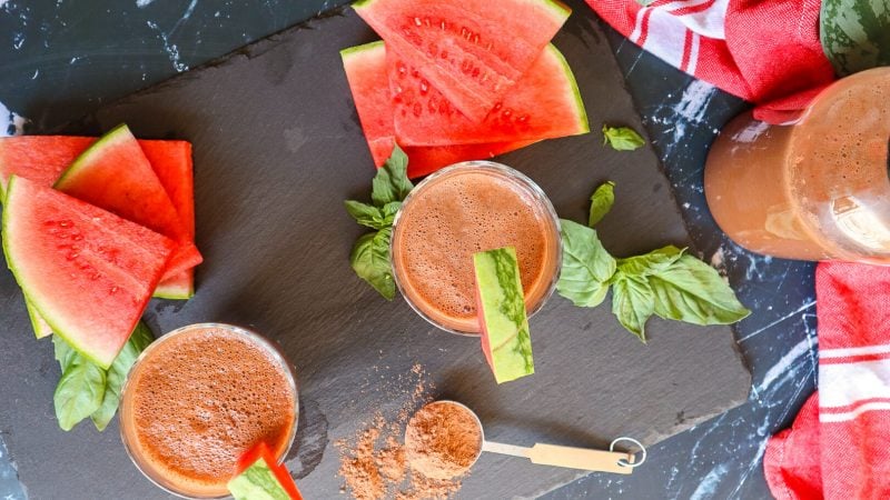 two smoothies made with watermelon cacao basil and dates 