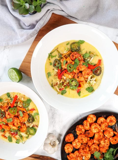 cajun shrimp with creamy polenta and toppings